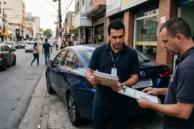 Documentação de licenciamento sendo apresentada por profissionais.